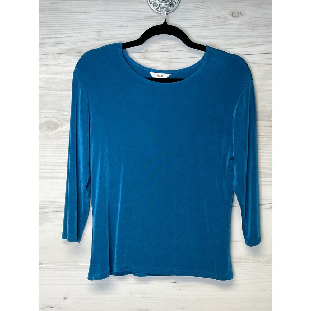 Fiore Womens Top Large Peacock Blue 3/4 Sleeve Stretchy Classic Made‎ In USA